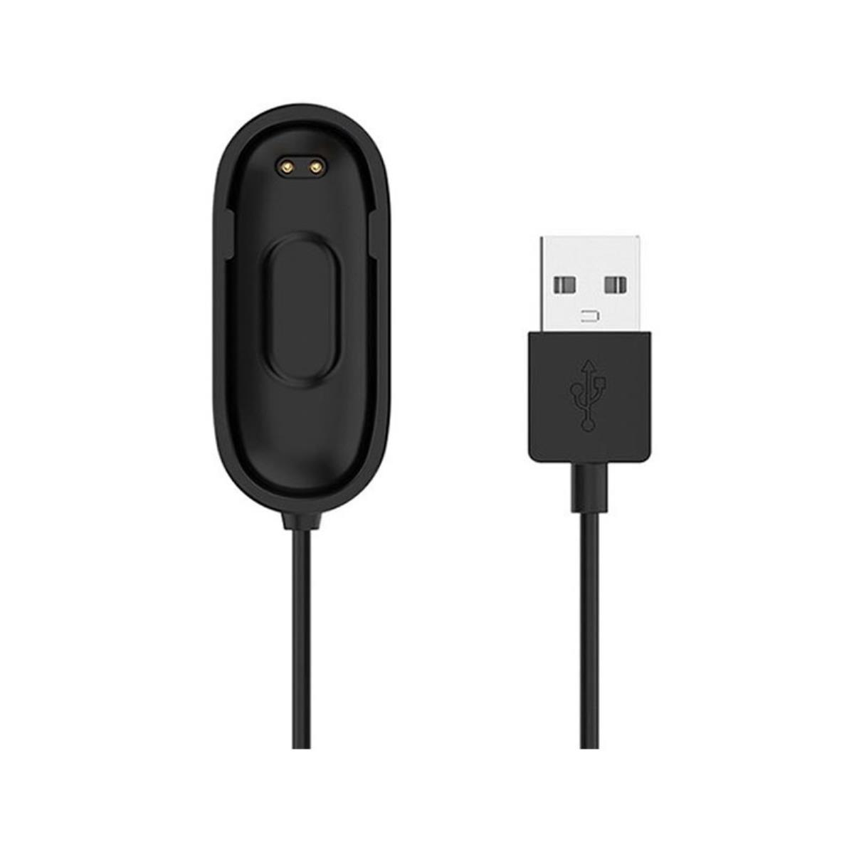 Cavo di ricarica USB nero e caricabatterie per smartband su sfondo bianco.