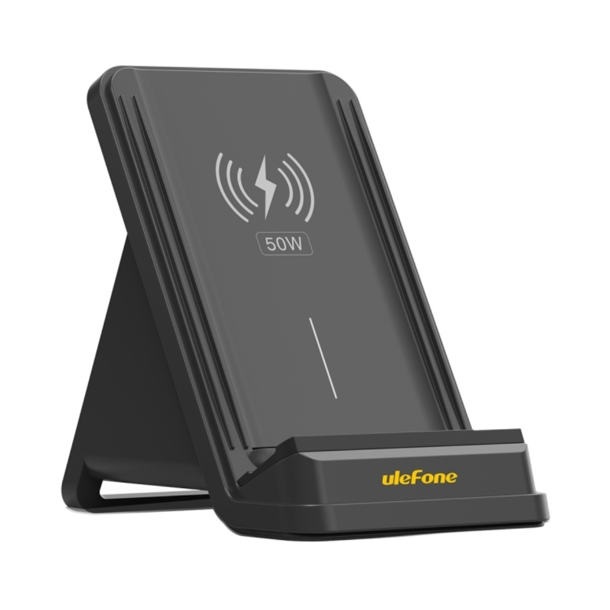 Un caricabatterie wireless nero con simbolo 50W e logo Ulefone.