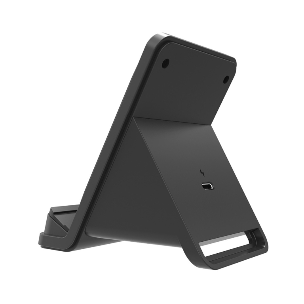 Un supporto caricabatterie wireless nero con porta USB-C e simbolo di carica.