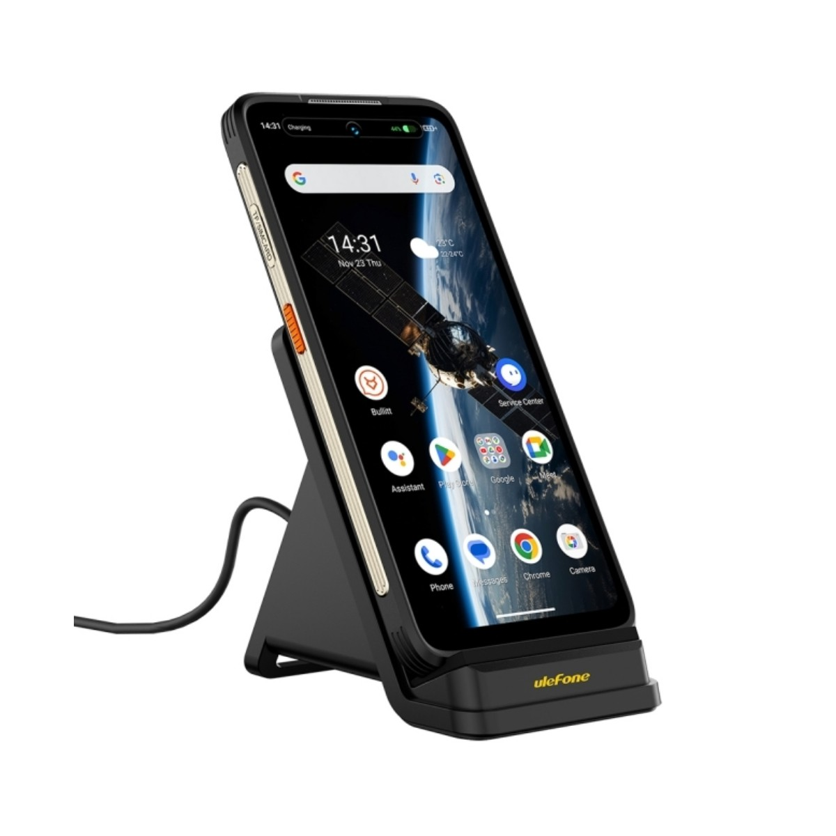 Telefono Ulefone nero in carica su supporto nero. Lo schermo mostra la Terra e un satellite.