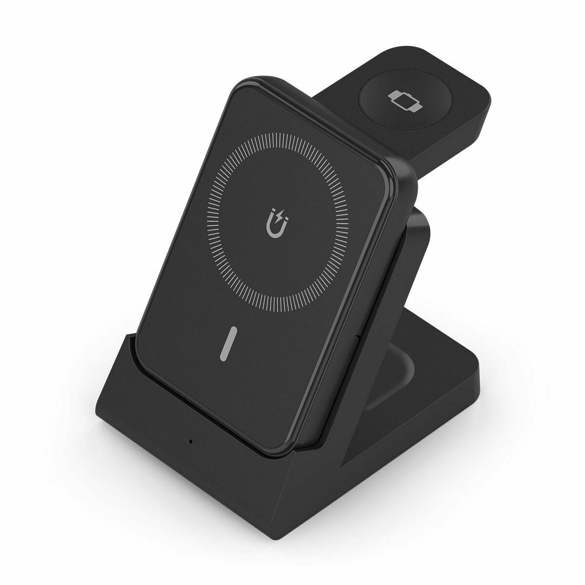 Un caricabatterie wireless nero con due postazioni.