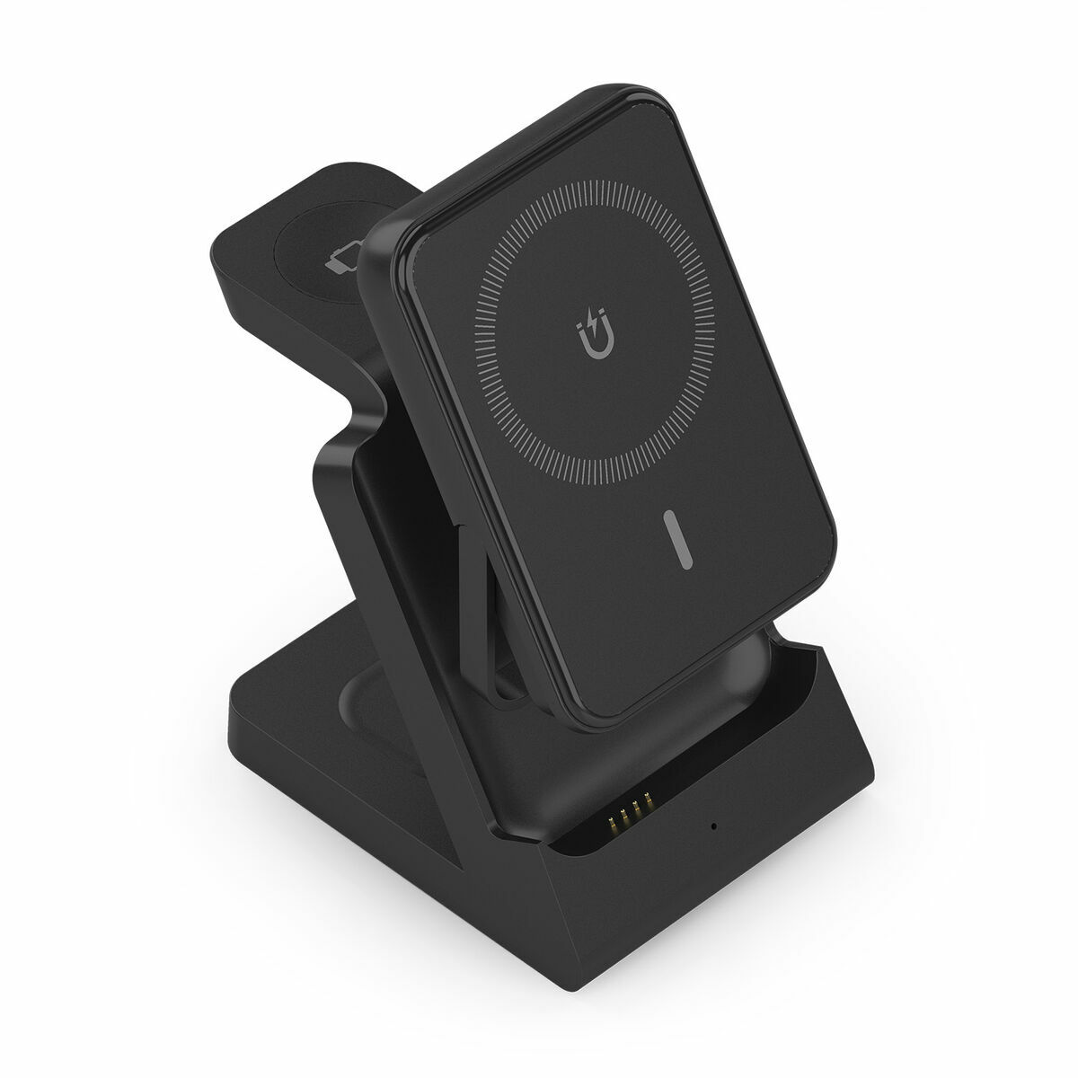 Un supporto di ricarica wireless nero con un telefono e un dispositivo più piccolo.