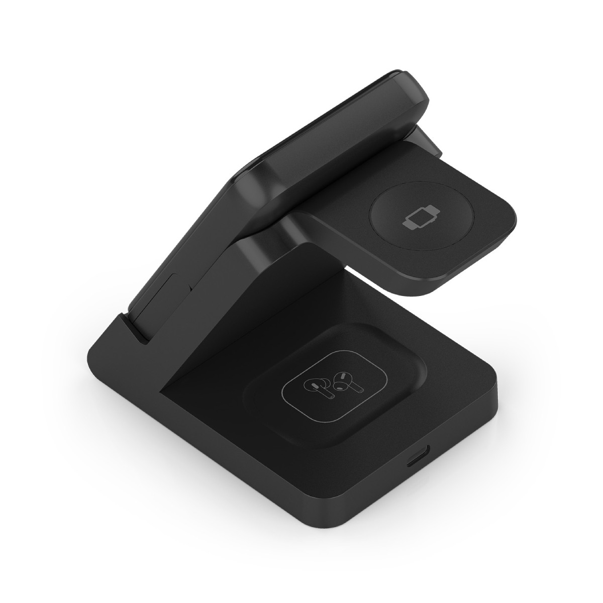 Supporto di ricarica nero per smartphone e auricolari con icone.