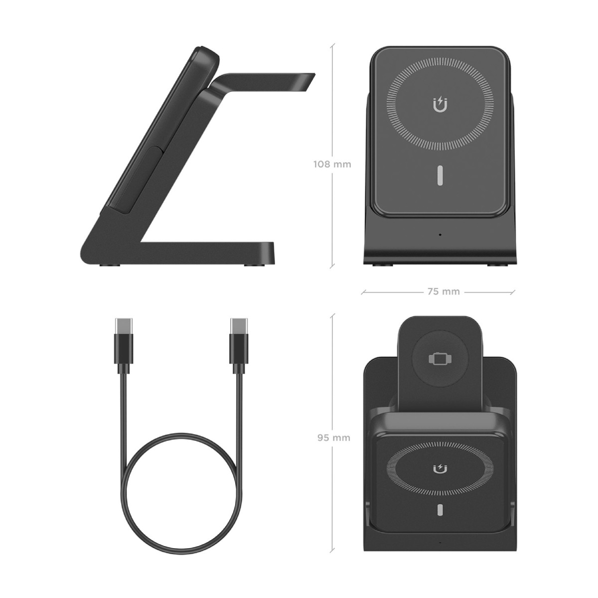 Caricatore wireless nero con cavo USB-C e dimensioni.