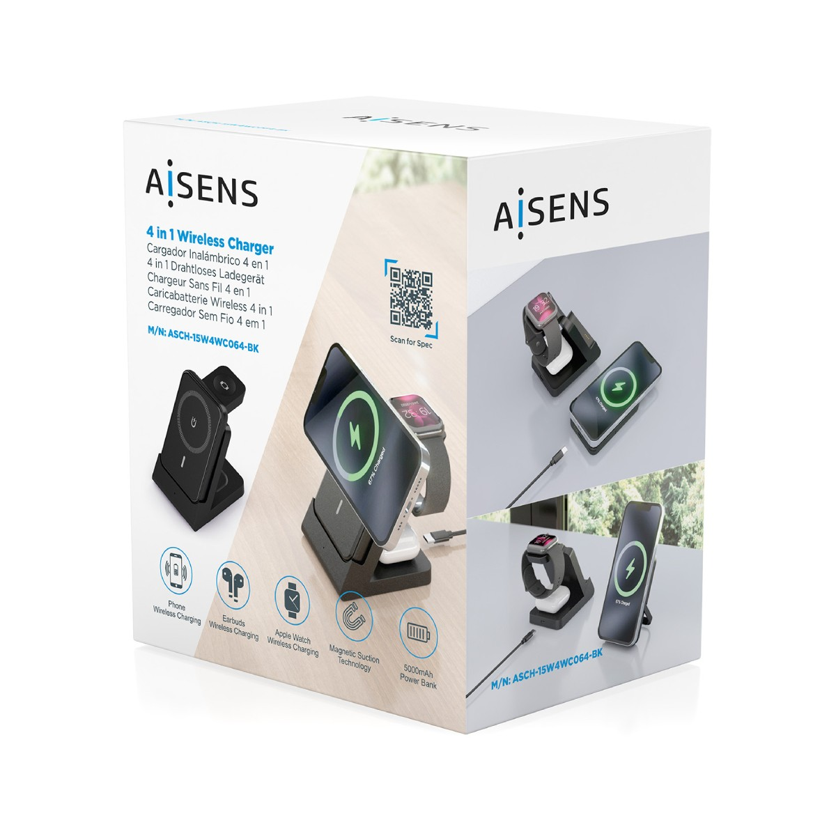 Scatola caricabatterie wireless 4 in 1 con telefono, orologio, auricolari e power bank.