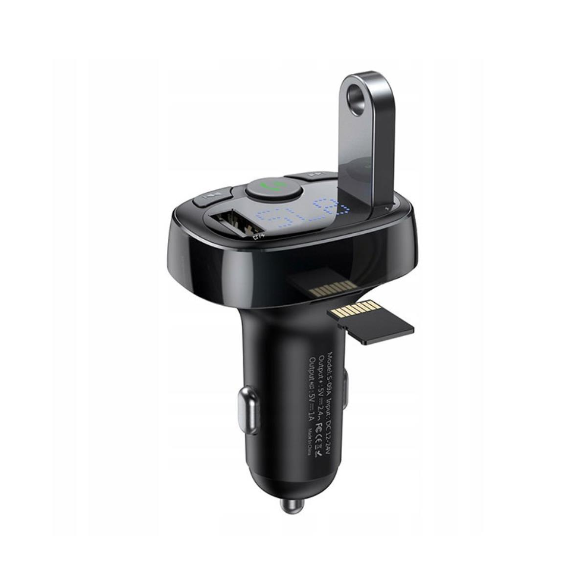 Caricabatterie per auto nero con porte USB, slot per schede SD e display LED.
