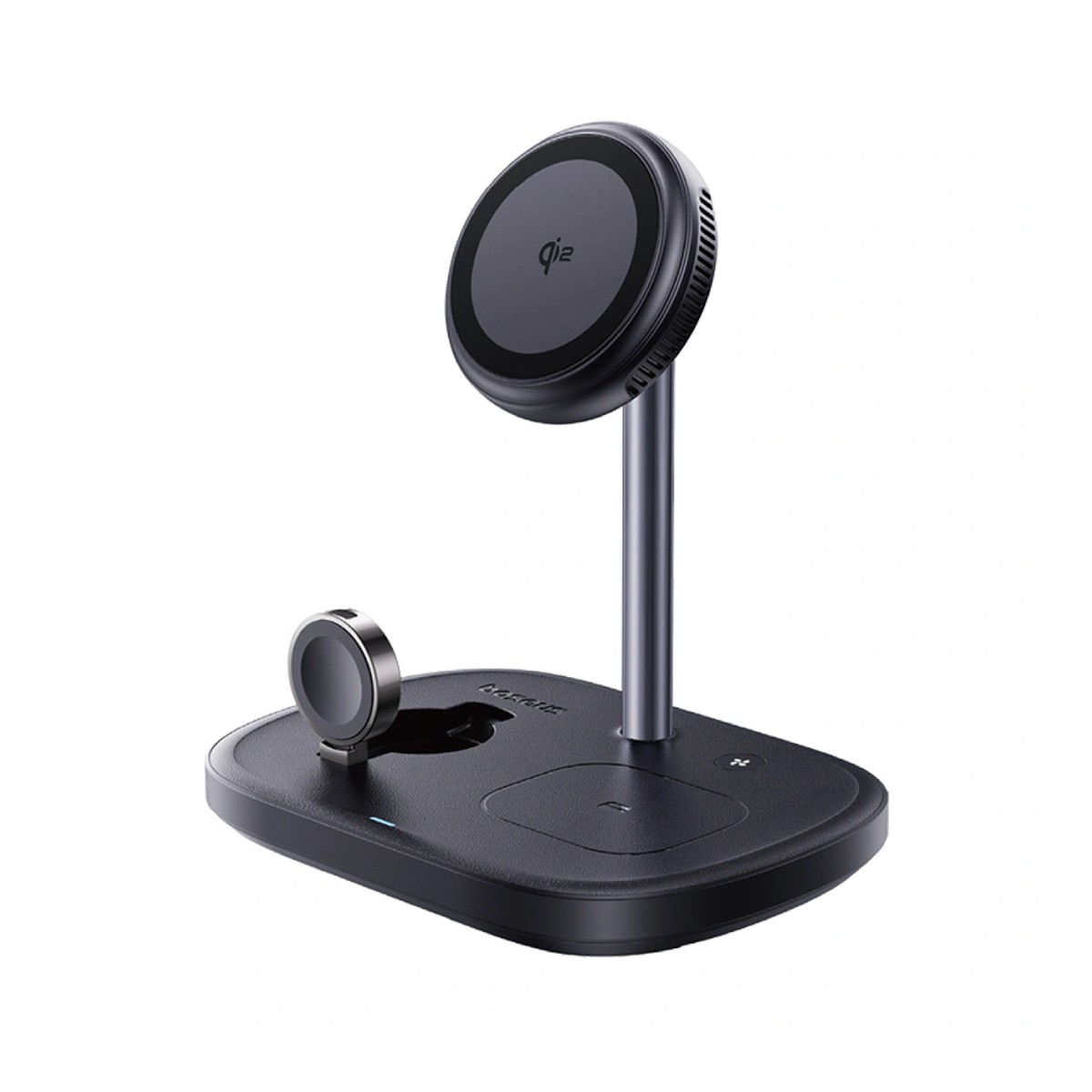 Un caricabatterie wireless nero con supporto verticale per telefono e base per orologio.