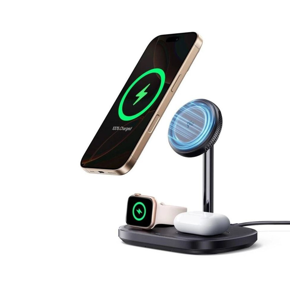 Un iPhone dorato, uno smartwatch e AirPods su un supporto di ricarica.