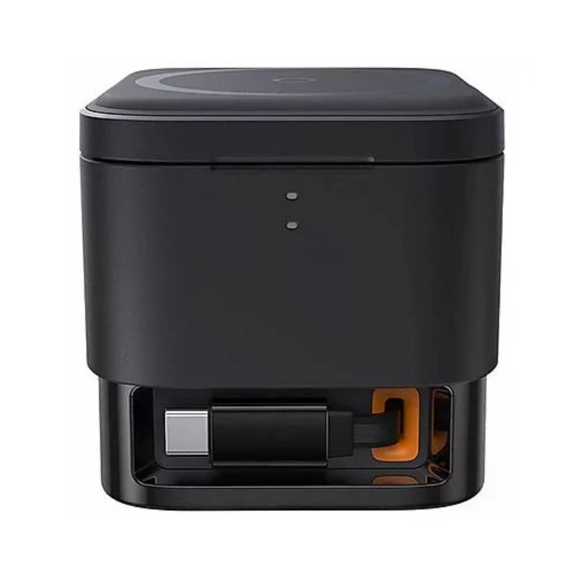 Dispositivo rettangolare nero con porta USB-C e accenti arancioni.