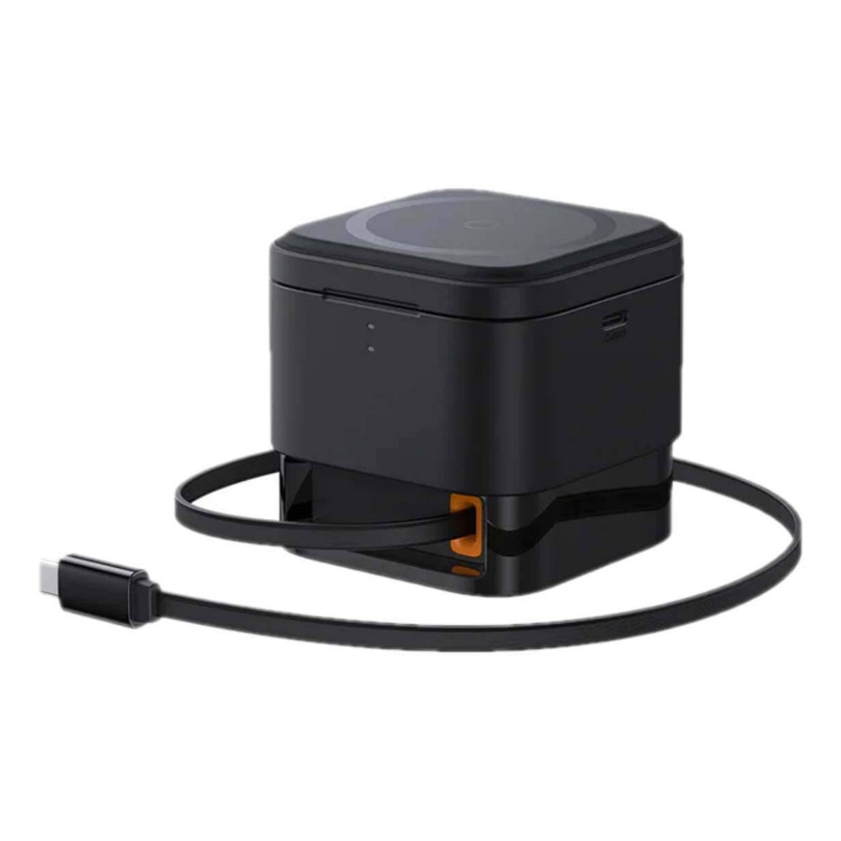 Caricabatterie portatile nero con cavo USB-C e pad di ricarica wireless in cima.