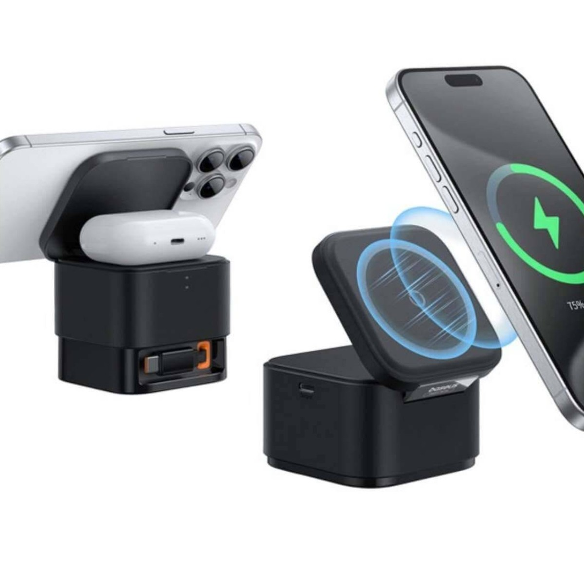 Supporto di ricarica nero tiene telefono ed auricolari. Un altro telefono si carica wireless.