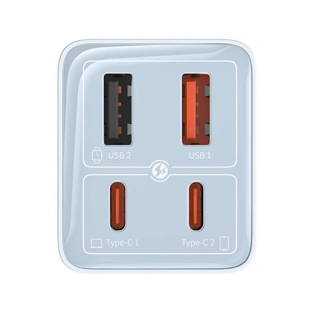 Un caricatore USB azzurro con due porte USB-A e due porte USB-C.