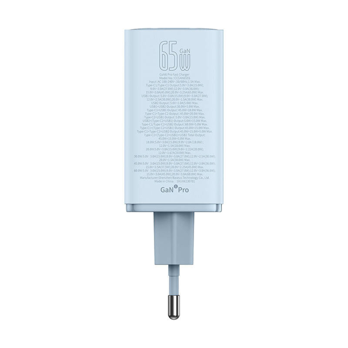 Un caricabatterie rapido blu GaN Pro da 65W con specifiche tecniche dettagliate.