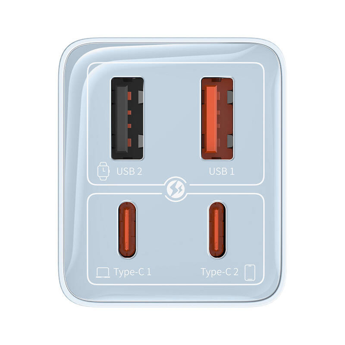 Un caricabatterie azzurro con quattro porte: due USB e due USB-C.