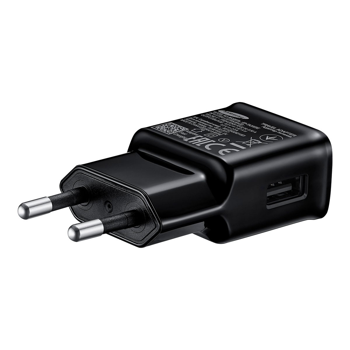 Adattatore da viaggio Samsung nero con due pin e una porta USB.