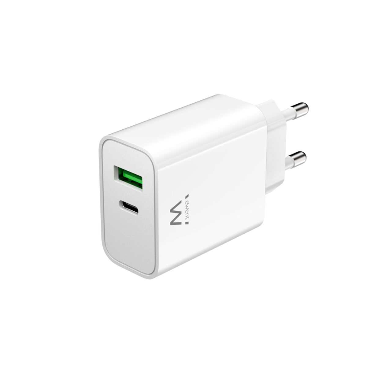 Un caricabatterie USB bianco con una porta USB-A e una porta USB-C.