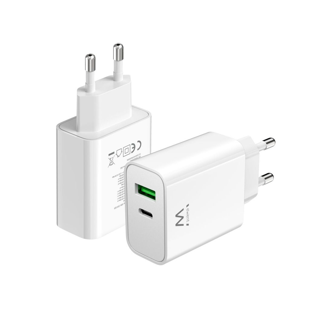 Due caricabatterie bianchi con porte USB-C e USB-A, uno con inserto verde.