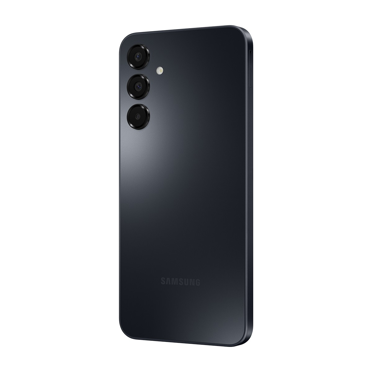Arkada üç kamera ve Samsung logosu bulunan koyu gri akıllı telefon.