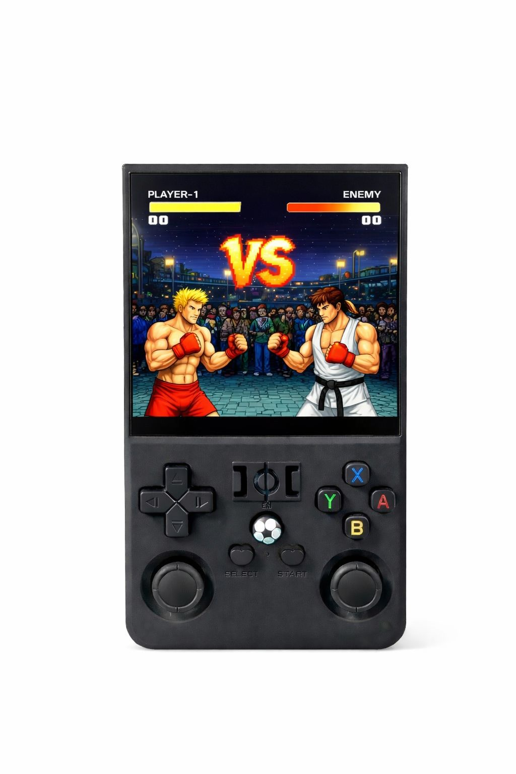 Una consola de juegos portátil negra muestra un juego de lucha con dos hombres.