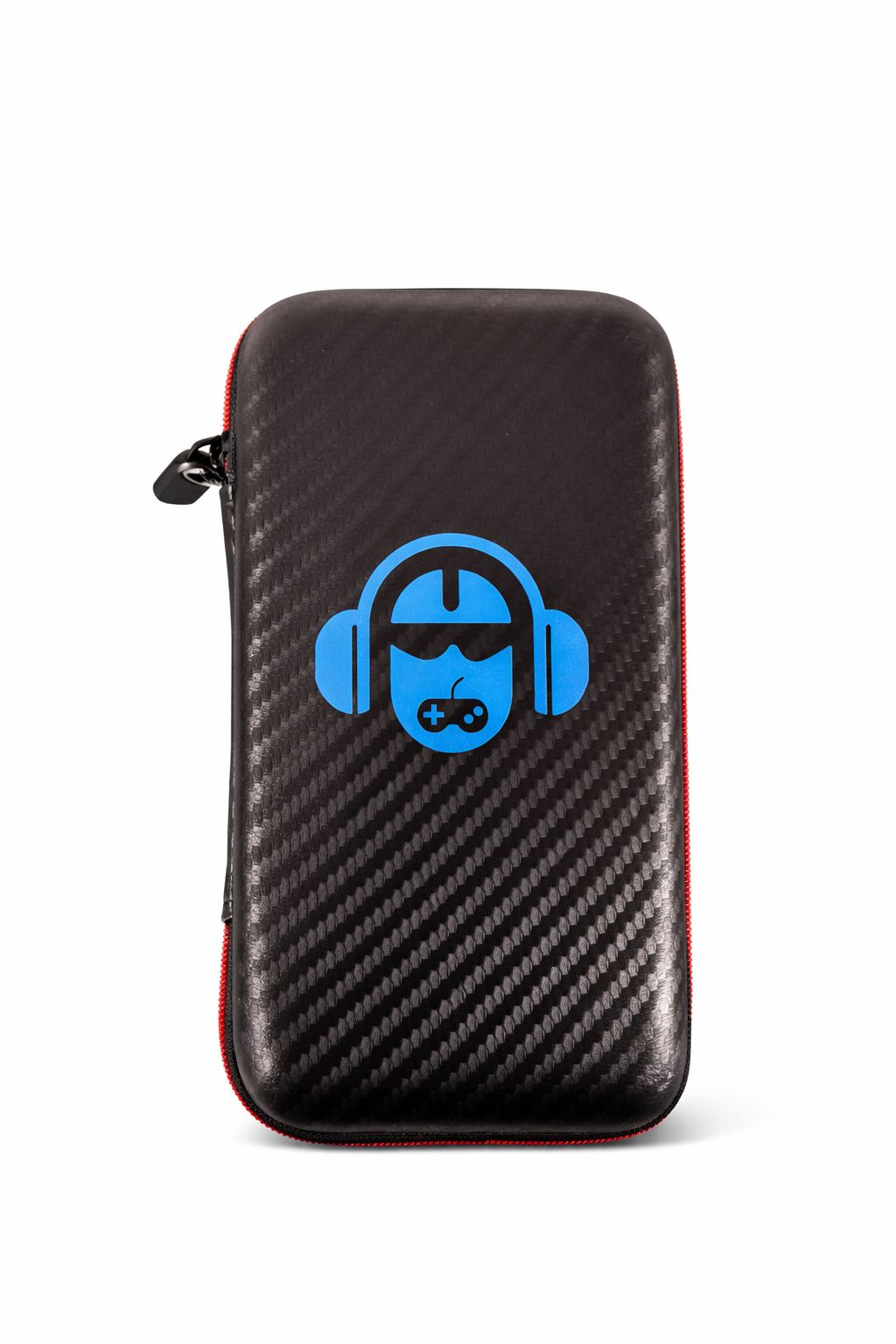 Funda negra con patrón de carbono y logo azul de figura con auriculares.