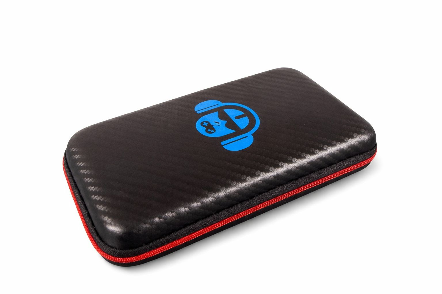 Funda negra con logo de mono azul y cremallera roja, sobre fondo blanco.