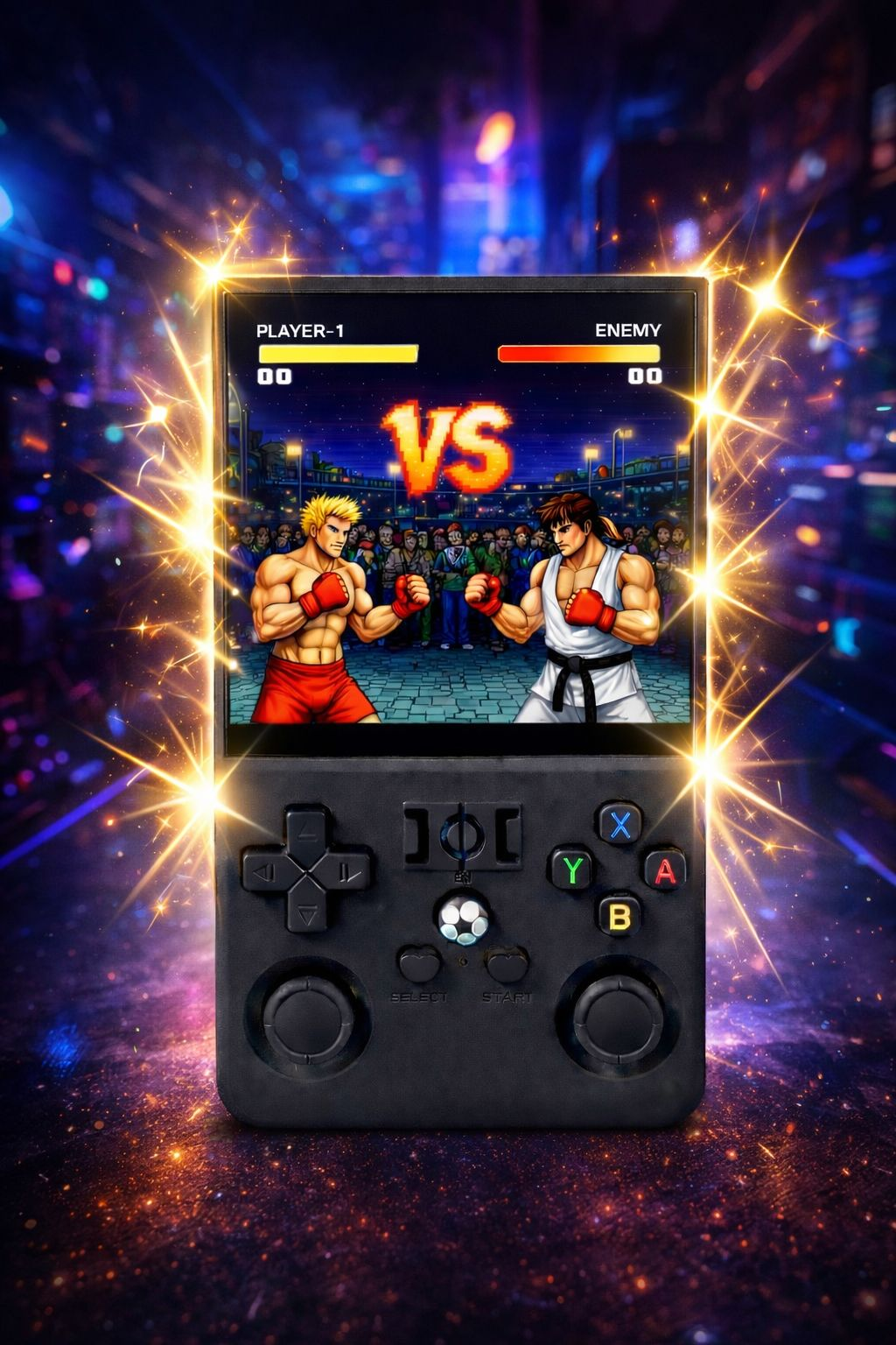 Un dispositivo de juego portátil muestra un juego de lucha con dos luchadores y pantalla VS.