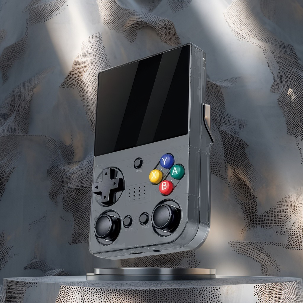 Un dispositivo de juego portátil gris con pantalla negra, D-pad, joysticks duales, cuatro botones de colores y botones select/start.