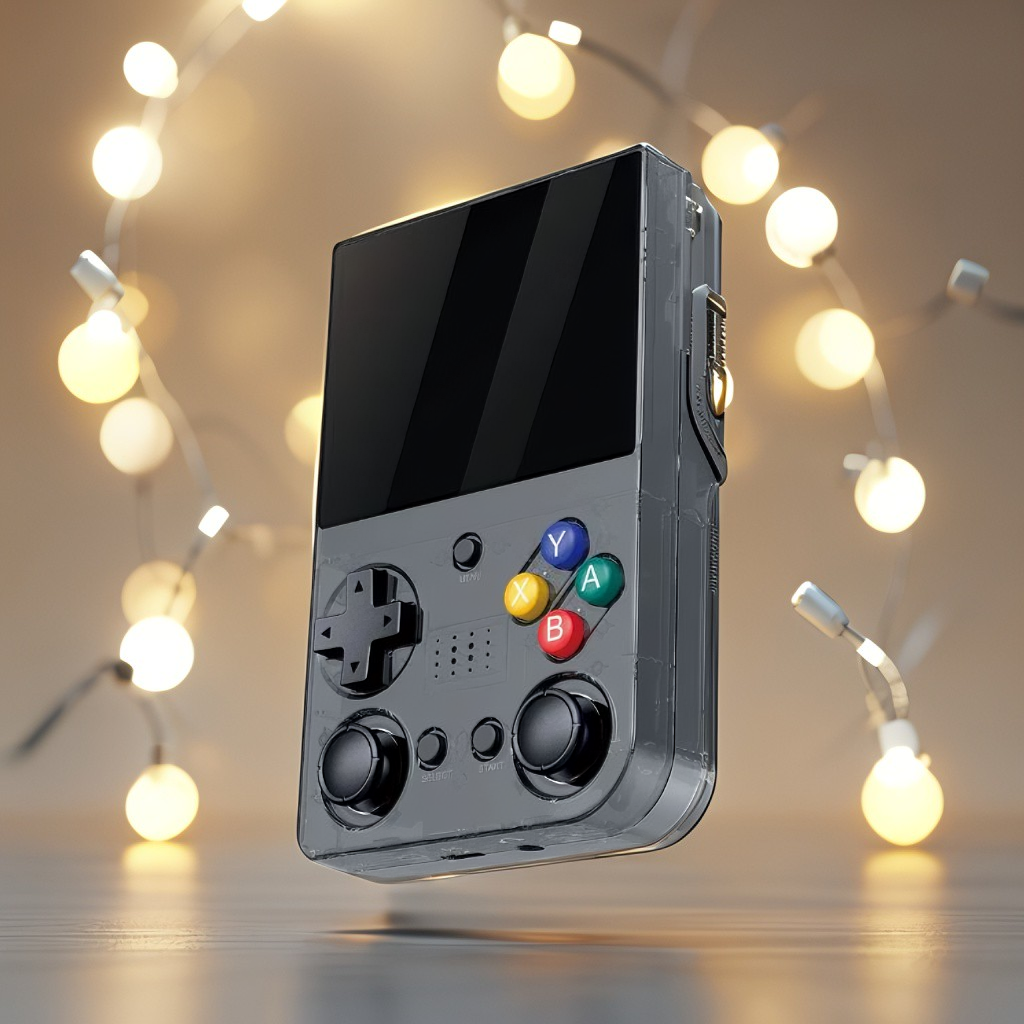 Un dispositivo de juego portátil gris con varios botones, rodeado de luces.