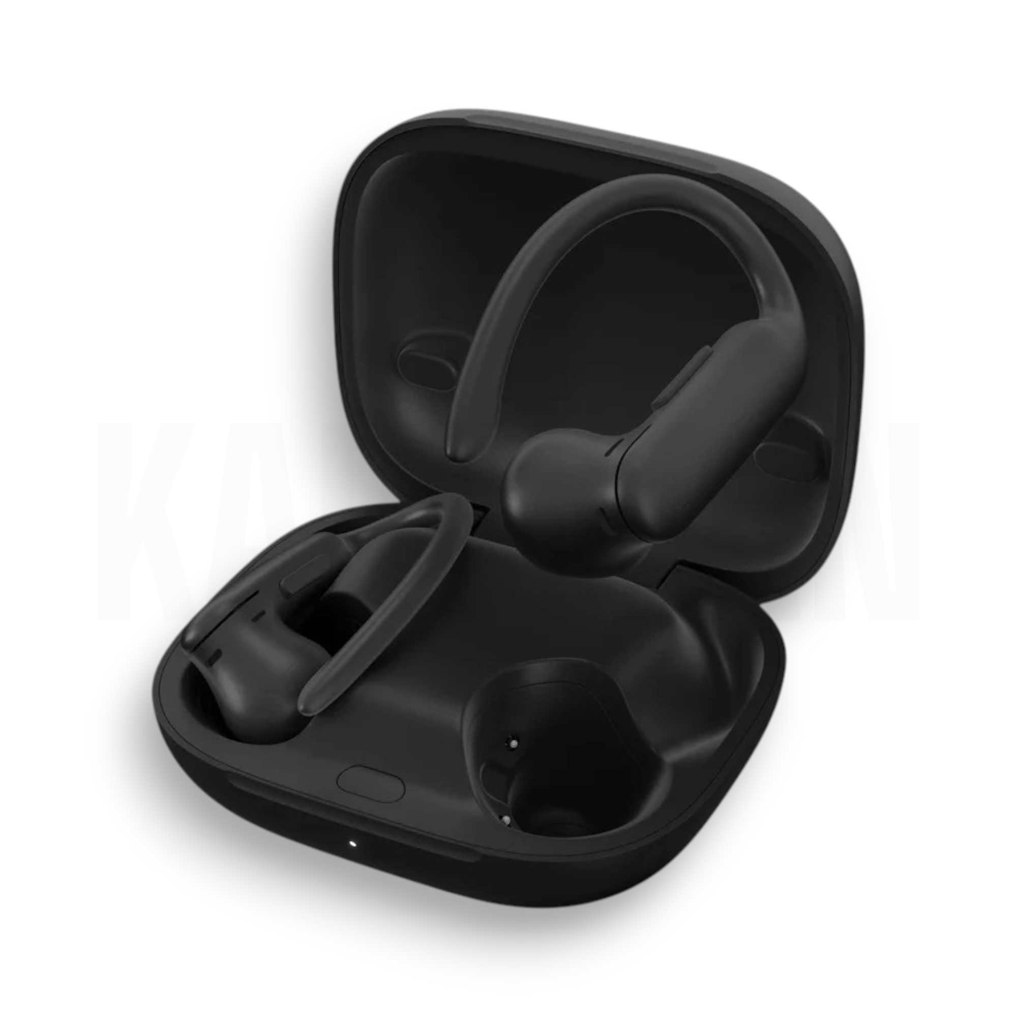 Auriculares inalámbricos negros en un estuche de carga abierto sobre fondo blanco.