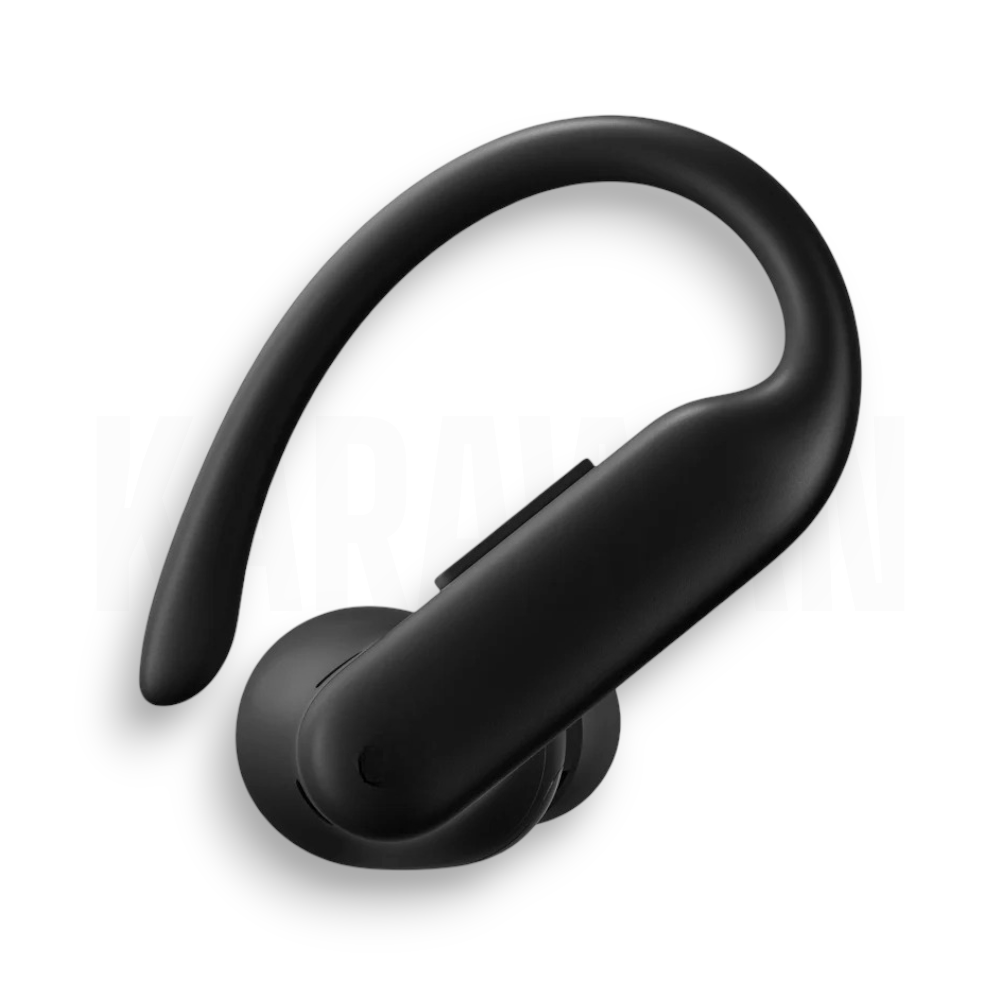 Auricular negro intrauditivo con gancho, aislado sobre fondo blanco.