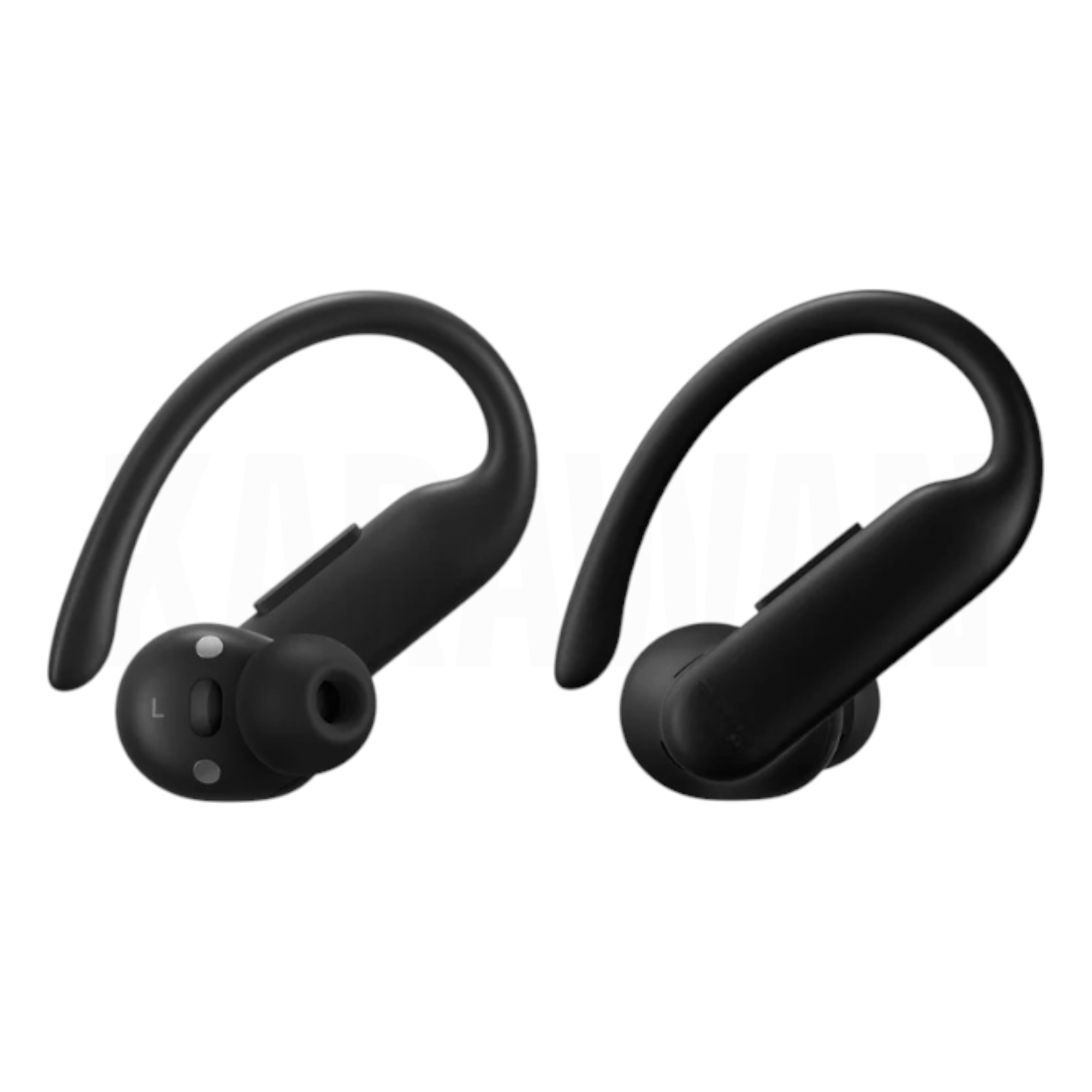 Dos auriculares inalámbricos negros con ganchos, fondo blanco.