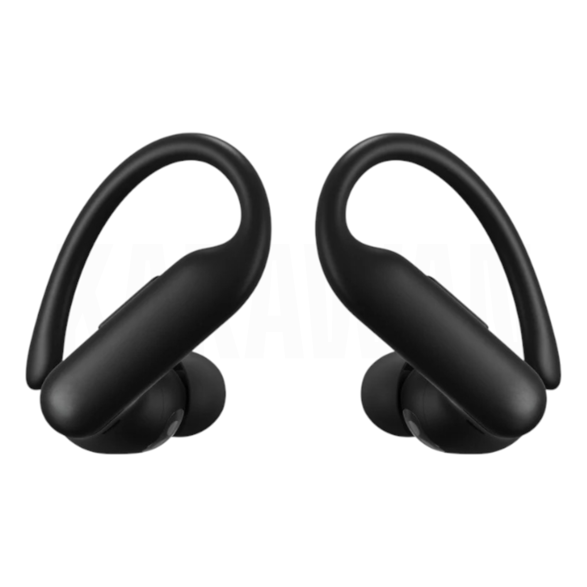 Dos audífonos inalámbricos negros con ganchos para la oreja.