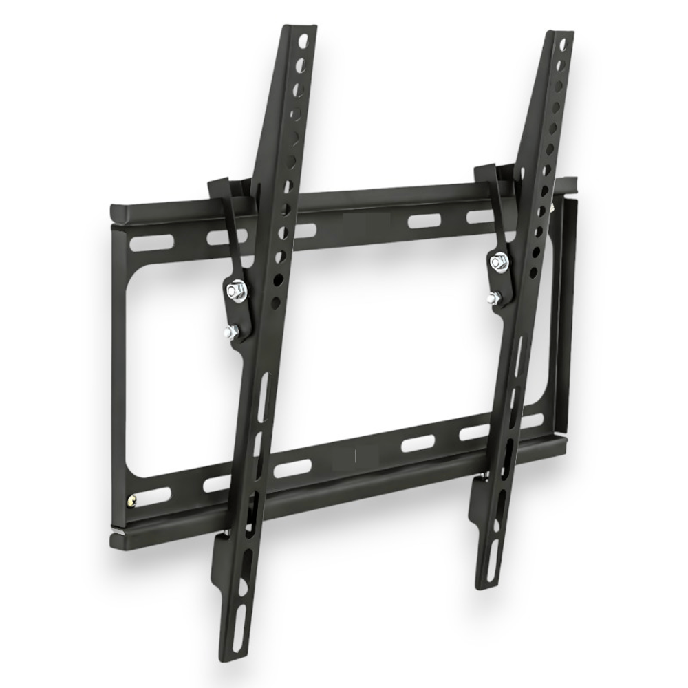 Un soporte de pared para TV de metal negro con brazos ajustables y orificios de montaje.