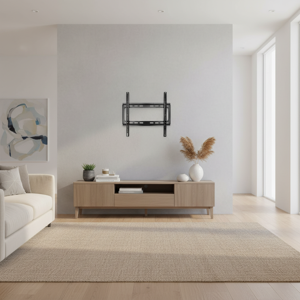 Un soporte de pared para TV negro está centrado en una pared gris claro sobre una consola de medios de madera.
