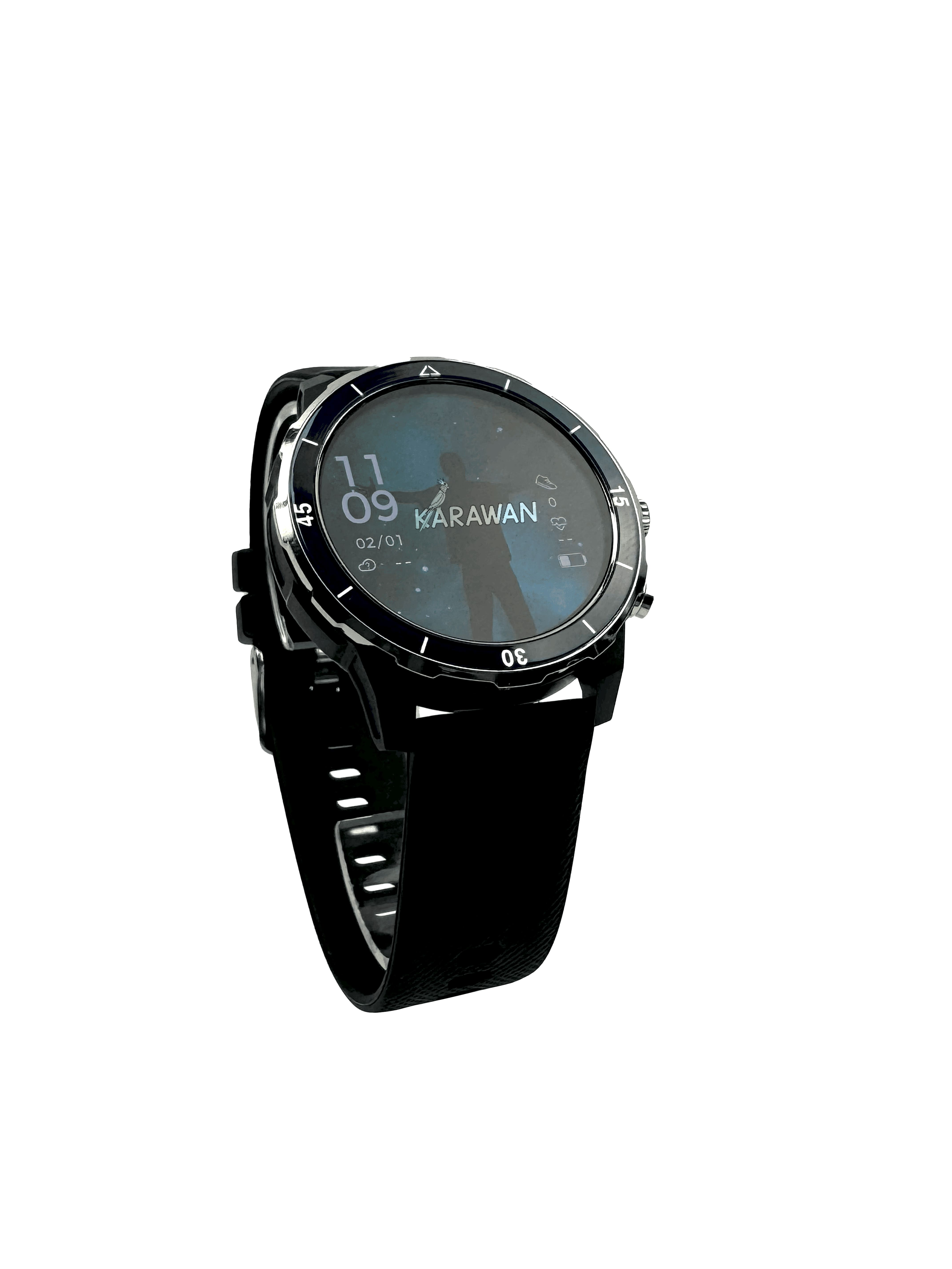 Un reloj inteligente negro con pantalla redonda que muestra una persona.