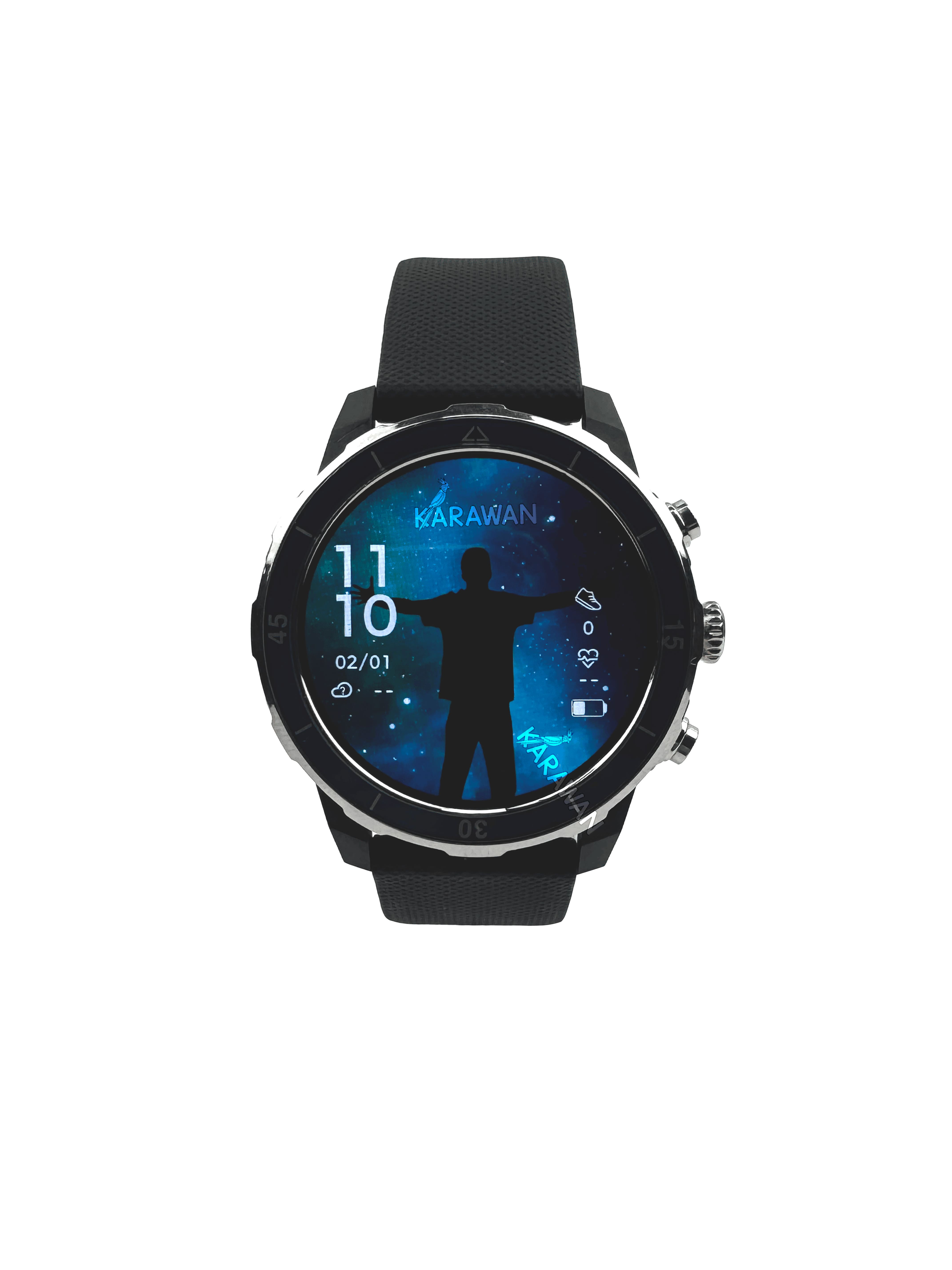 Un reloj inteligente negro con esfera de cielo estrellado azul y silueta de hombre.