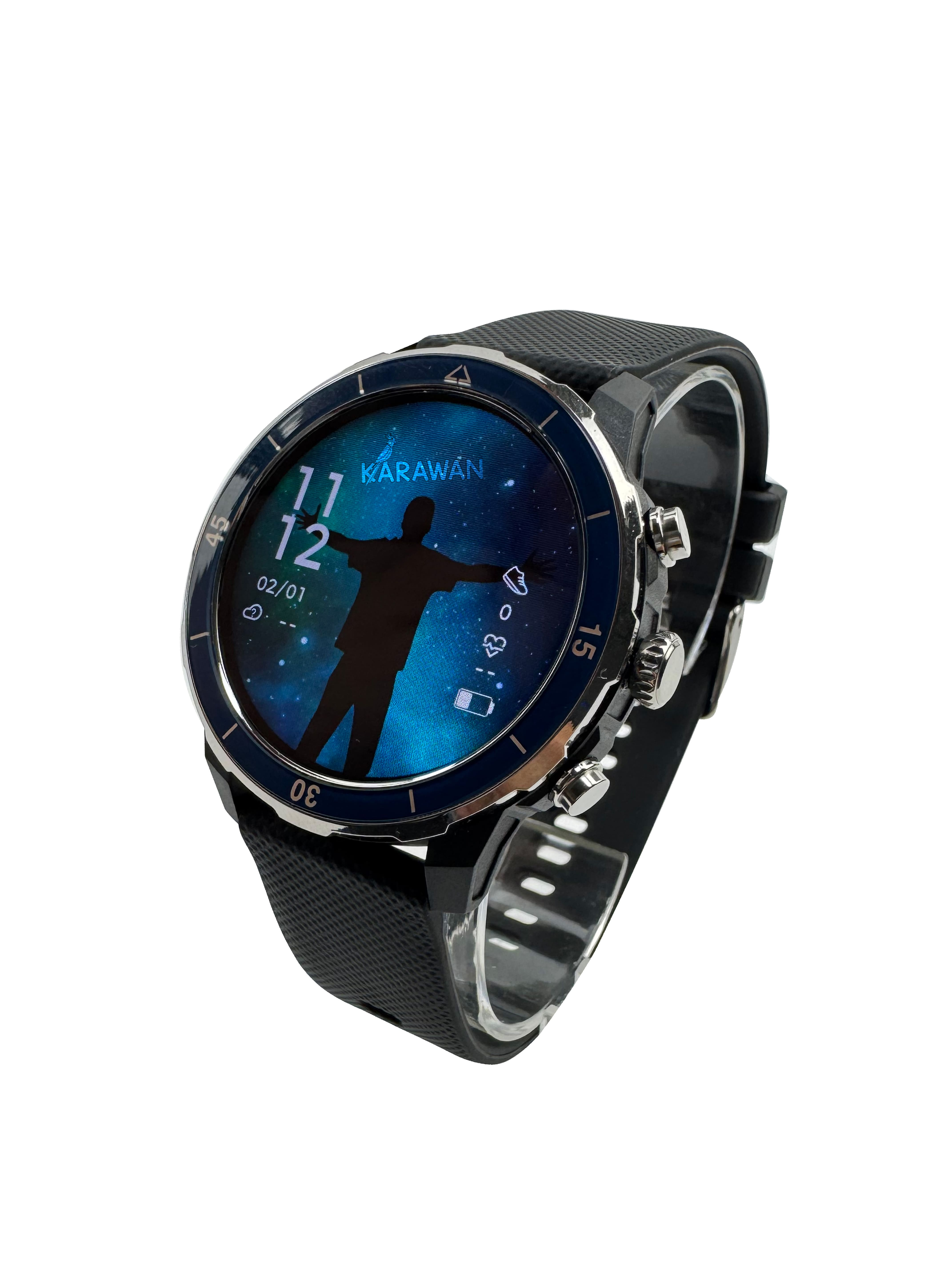 Un reloj inteligente negro con esfera espacial azul y figura de silueta.