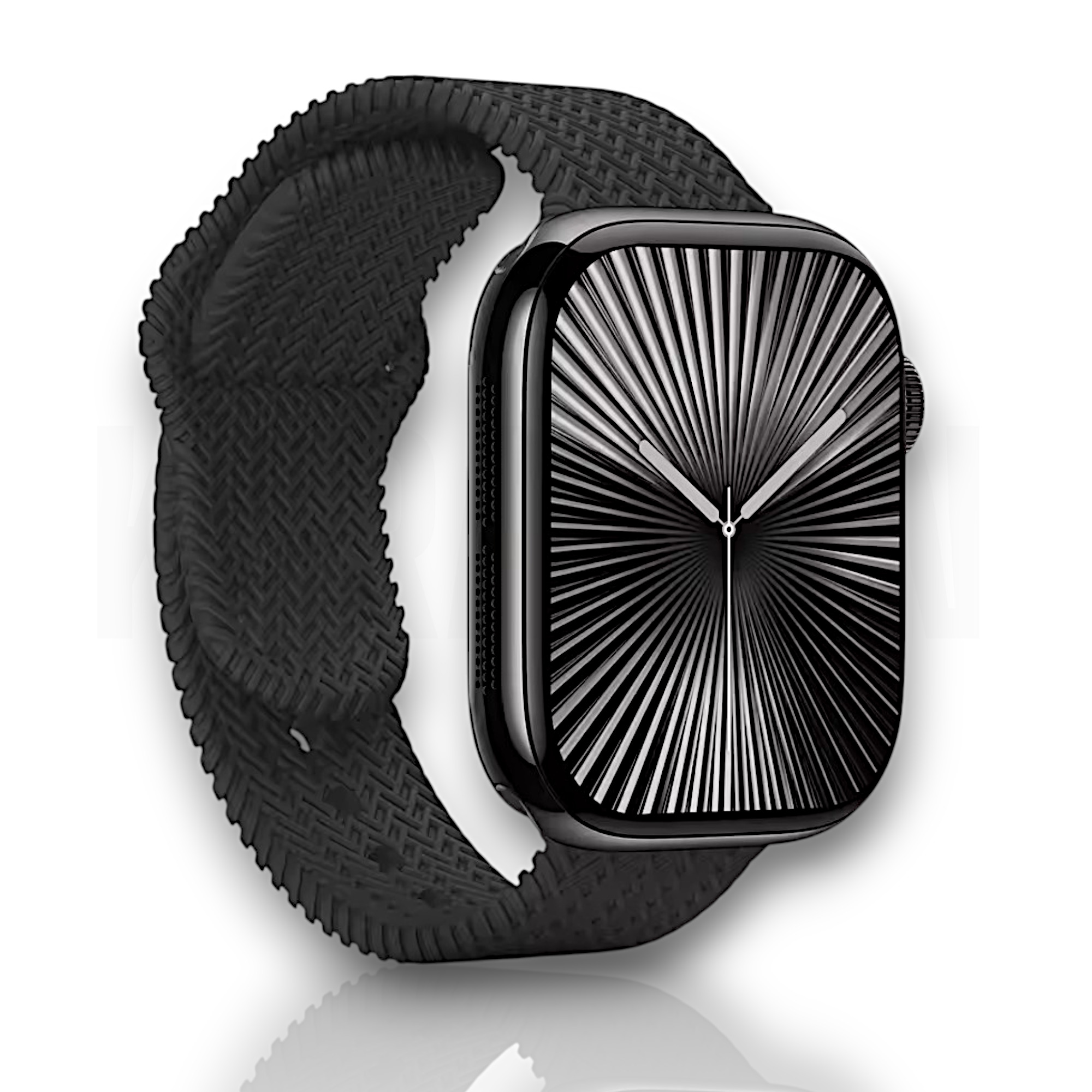 Reloj inteligente negro con correa tejida y esfera de rayos de sol.