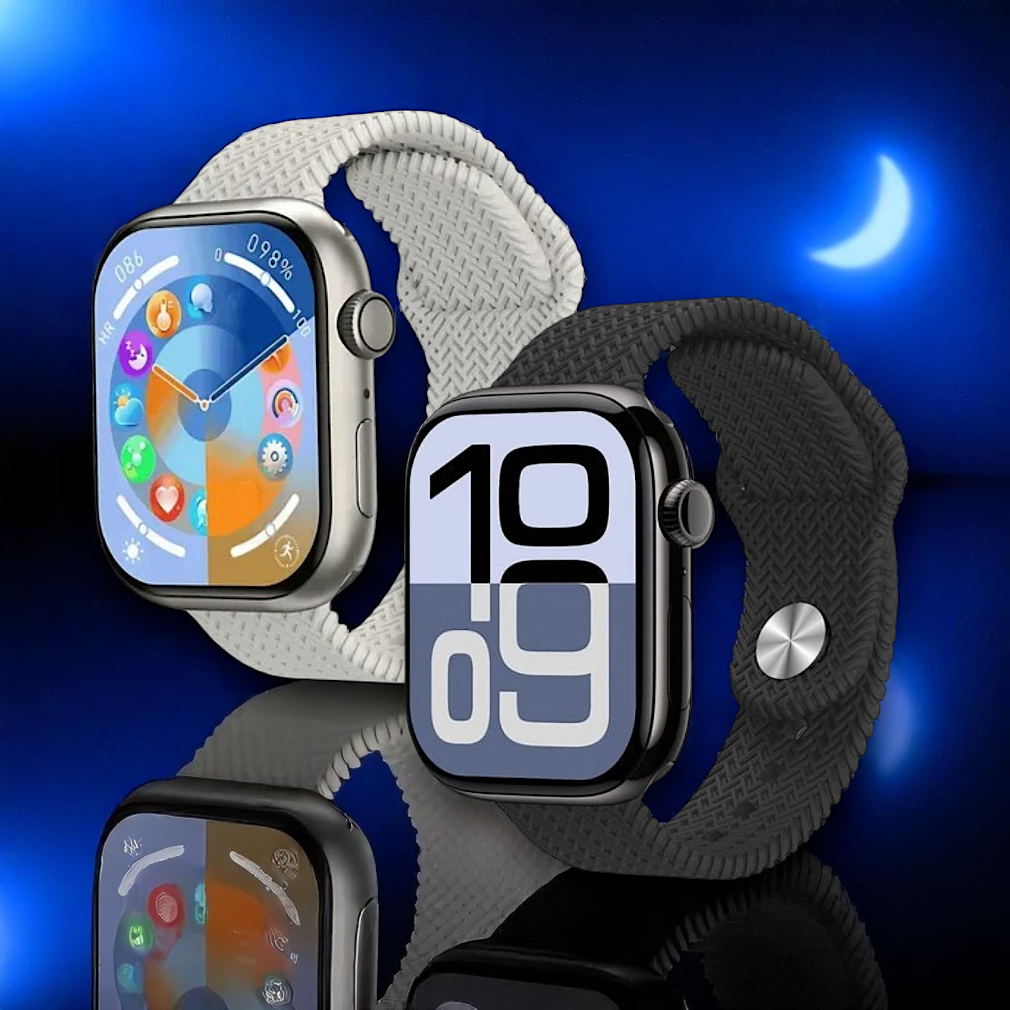 Dos relojes inteligentes con pantallas azules sobre un fondo azul oscuro con una luna creciente.