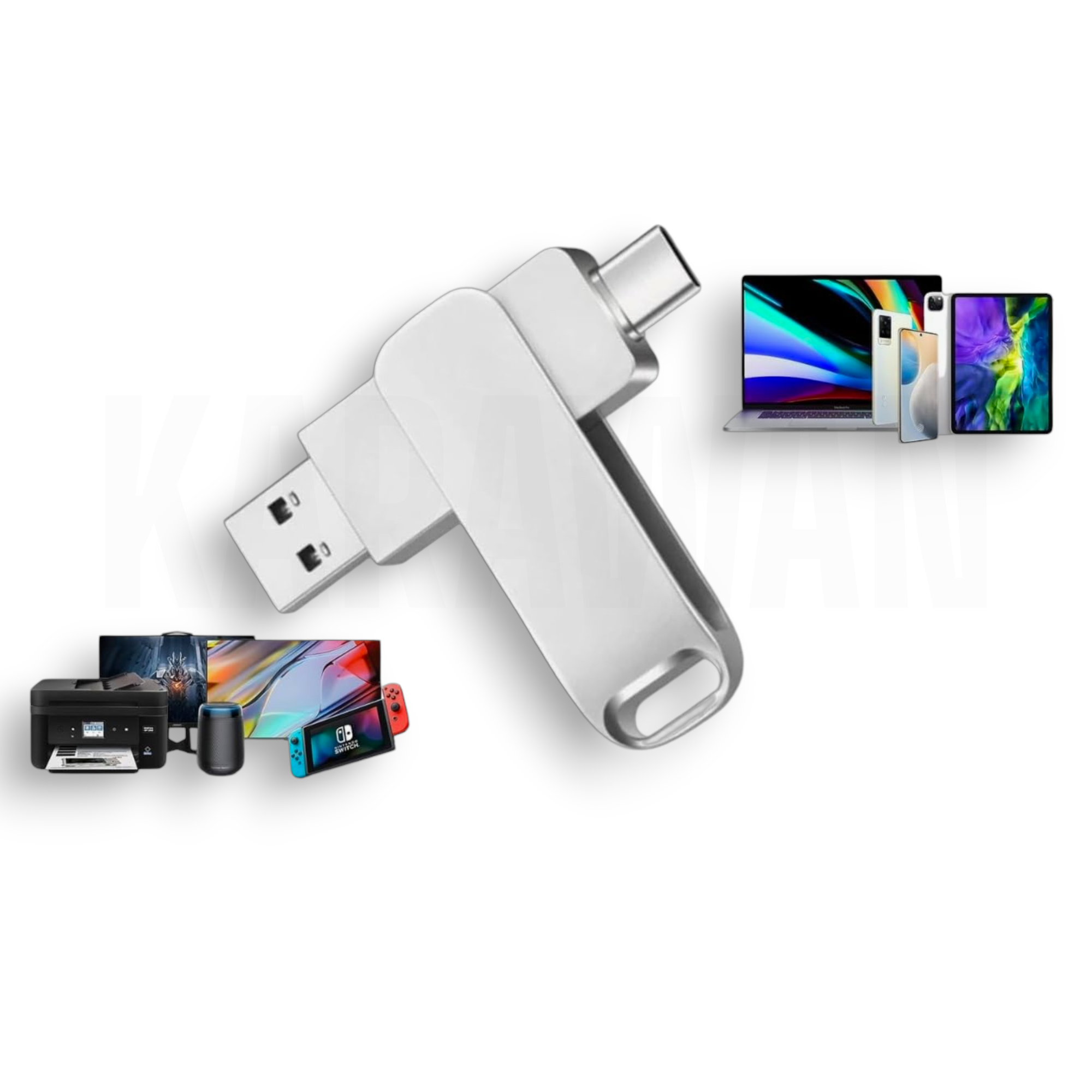 Un pendrive USB-C plateado con una amplia gama de dispositivos.