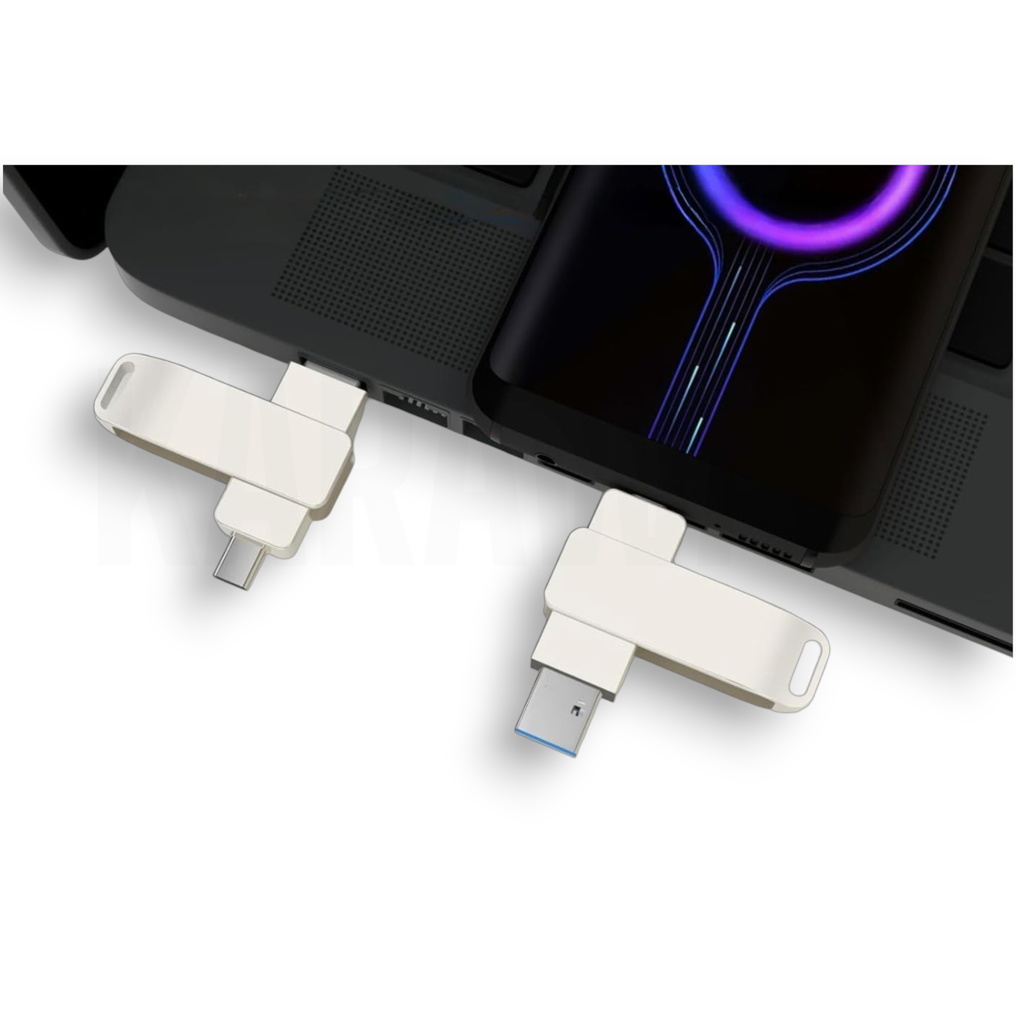 Dos adaptadores blancos USB-C y USB-A conectan un portátil y un smartphone.