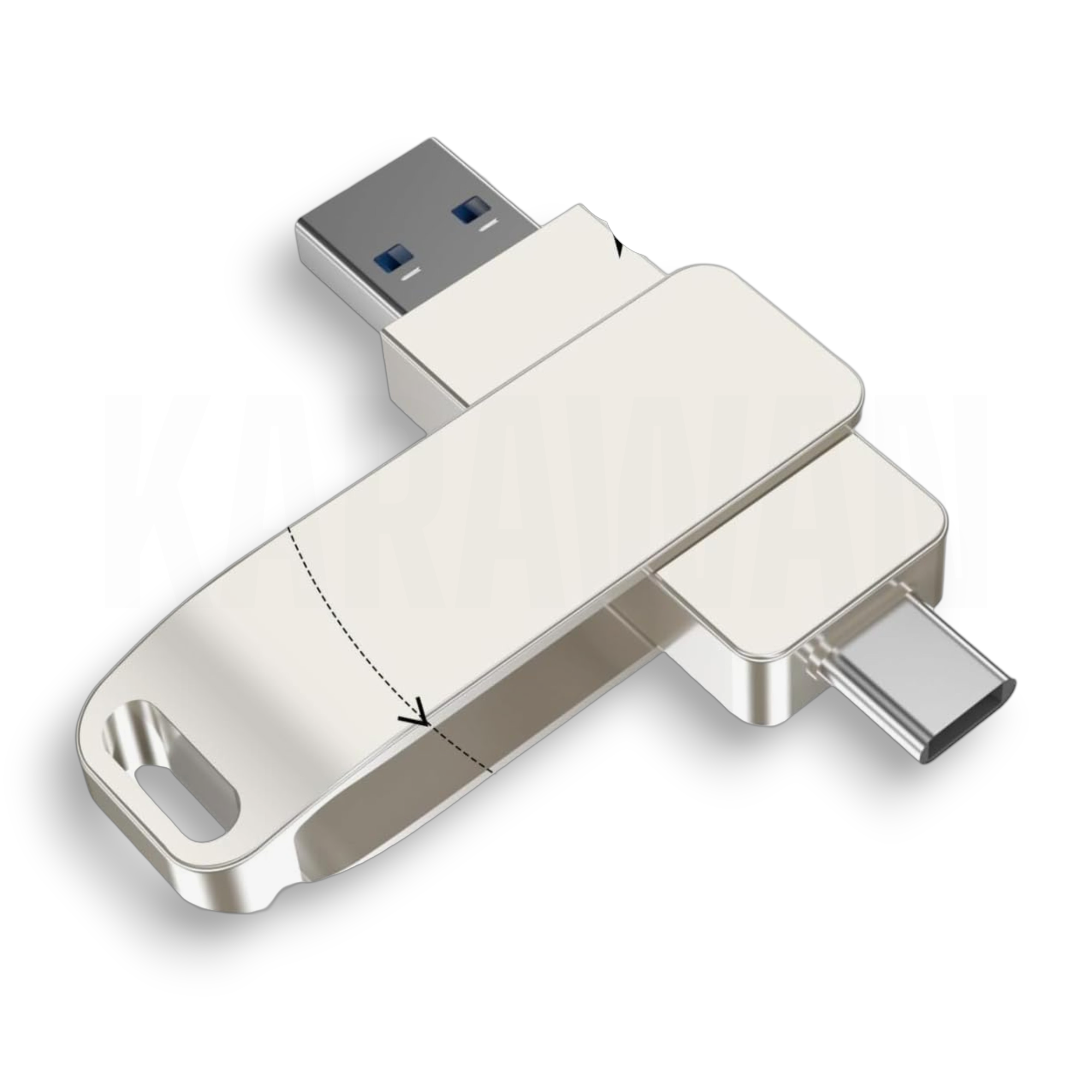 Memoria USB plateada con conector USB-A y USB-C giratorio.