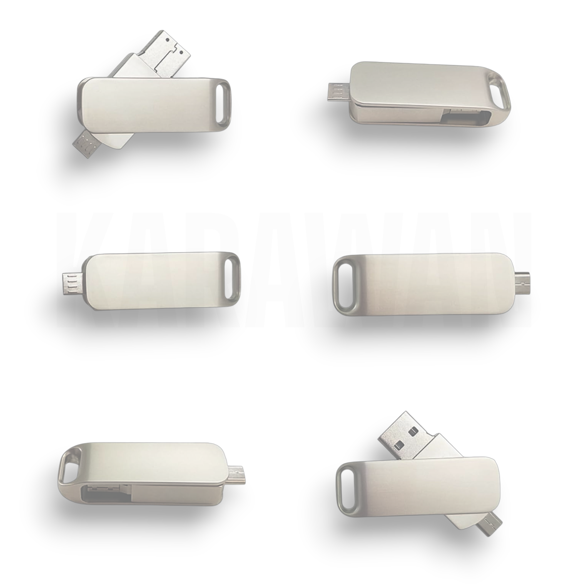 Seis memorias USB plateadas con varios conectores sobre fondo blanco.