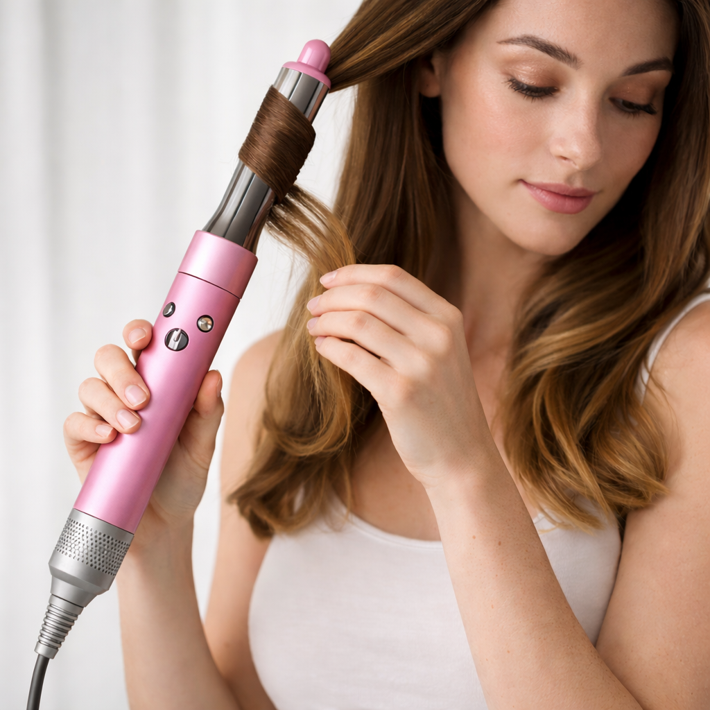 Una mujer se peina el pelo castaño con un rizador rosa.