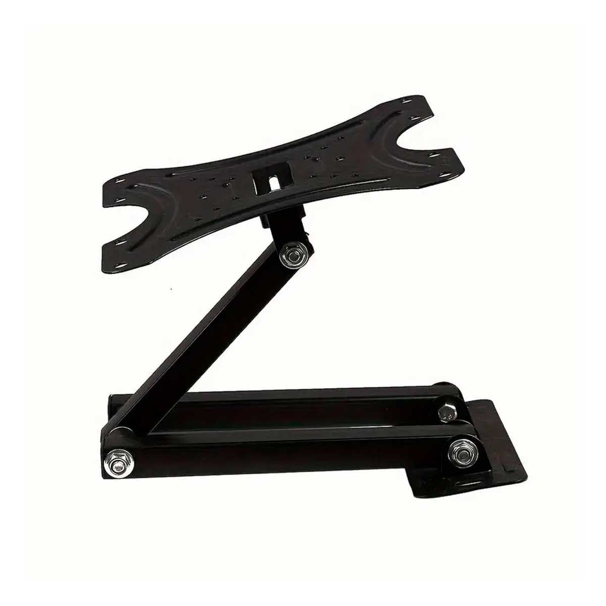 Un brazo de monitor negro y ajustable con dos brazos articulados y un soporte para pantalla.