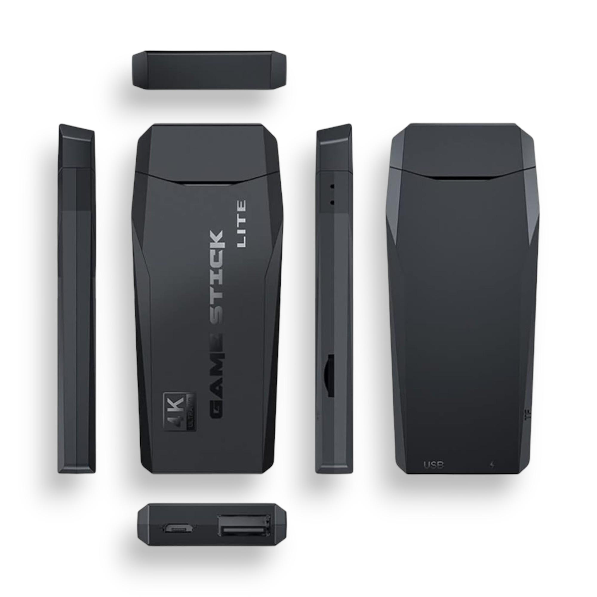 Consola de juegos negra con logos 'GAME STICK LITE' y '4K ULTRA HD'. Múltiples vistas.