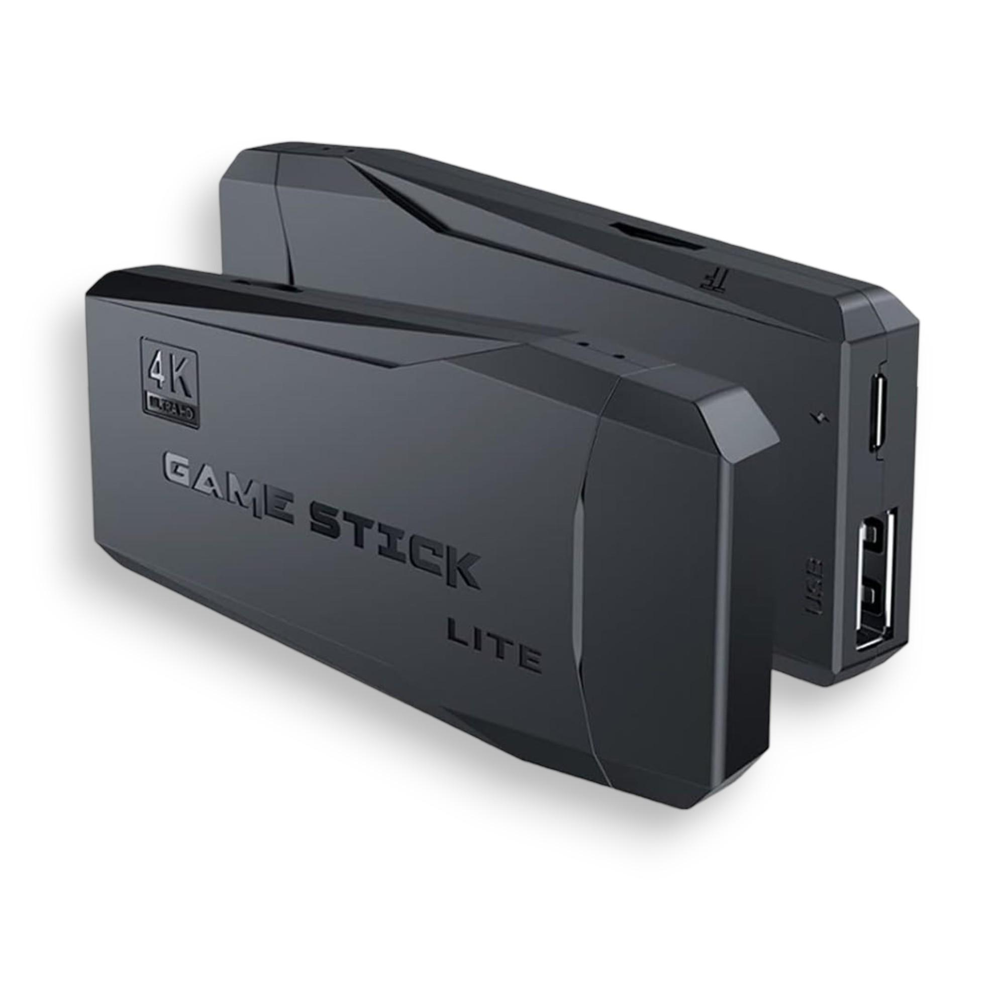 Dos game sticks negros, uno con "GAME STICK LITE" y "4K UHD".