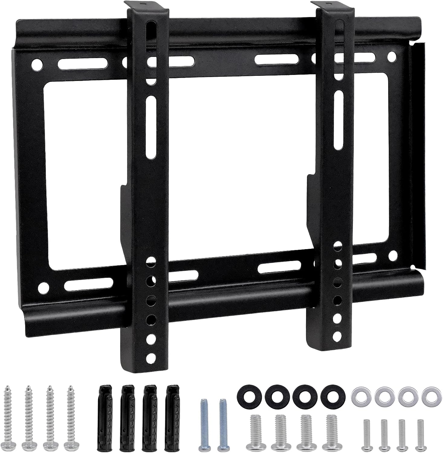 Soporte de pared para TV negro con tornillos y anclajes sobre fondo blanco.