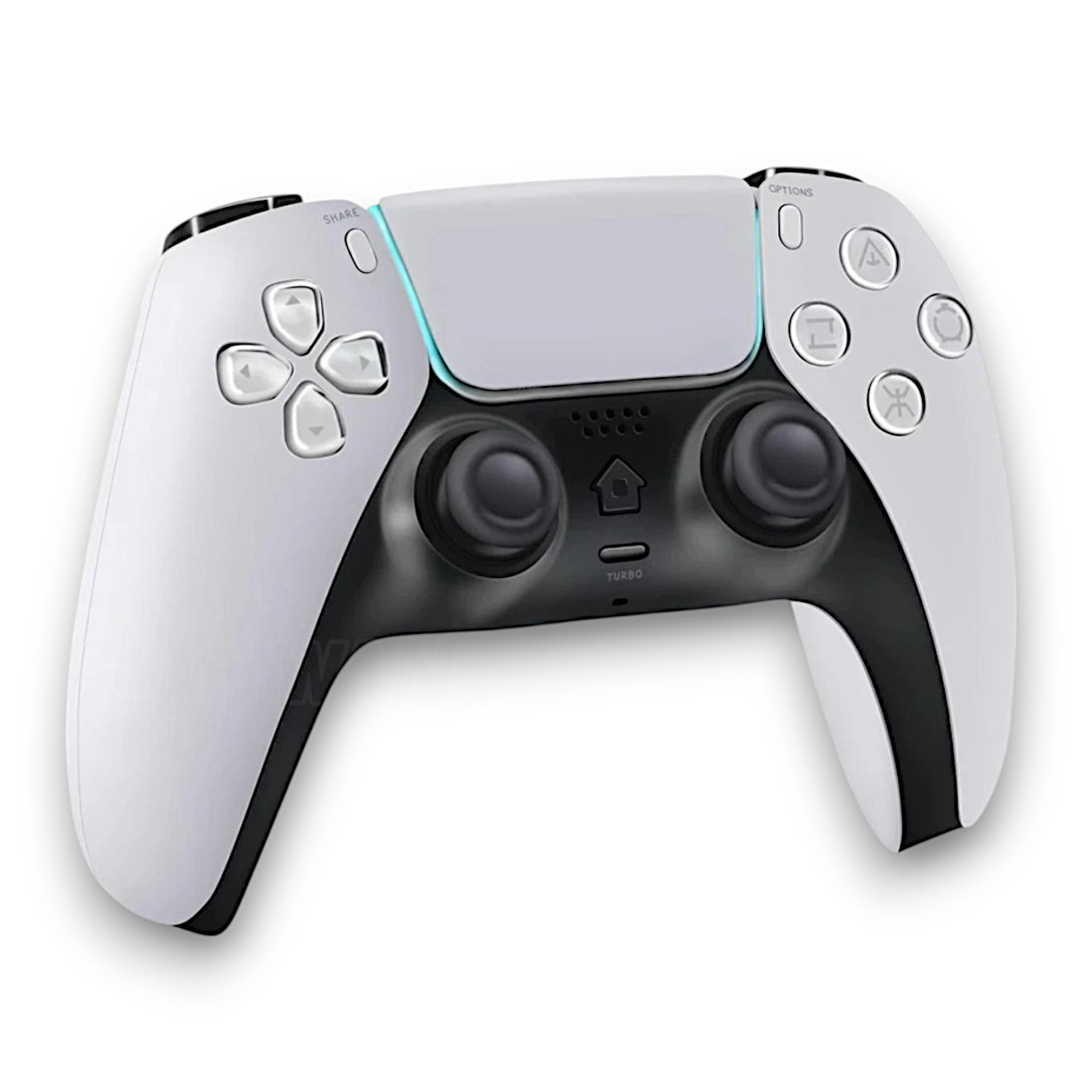 Un mando de juego blanco con detalles negros y botones iluminados.