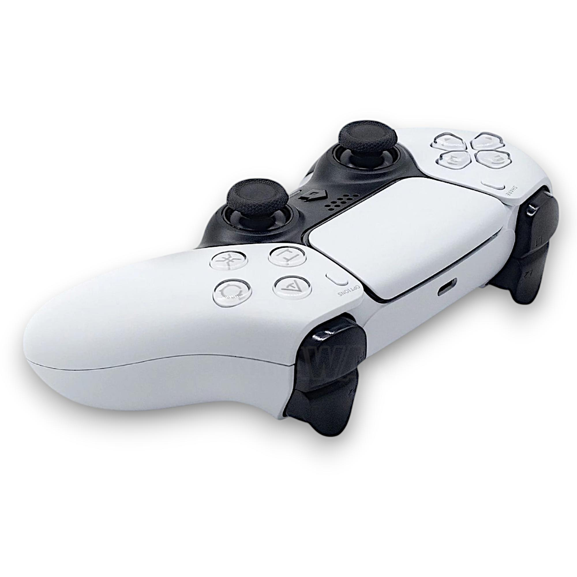Un mando blanco de PlayStation 5 con detalles negros sobre fondo blanco.